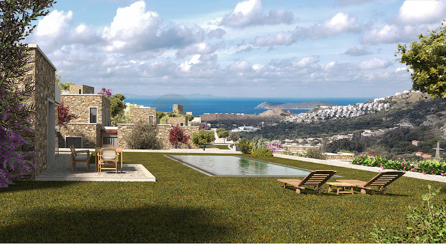 Kammenartige Villen mit Blick auf das Meer und das historische 