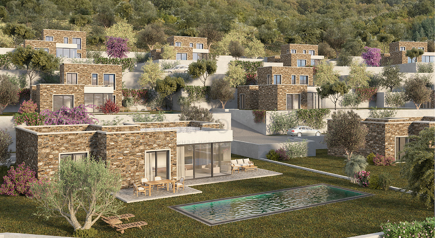 Kammenartige Villen mit Blick auf das Meer und das historische 