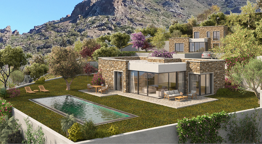 Kammenartige Villen mit Blick auf das Meer und das historische 