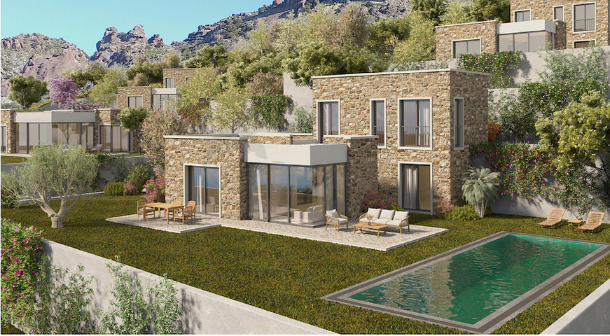 Kammenartige Villen mit Blick auf das Meer und das historische 