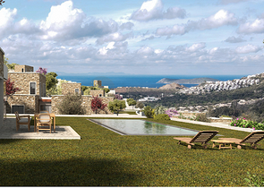 Kammenartige Villen mit Blick auf das Meer und das historische 