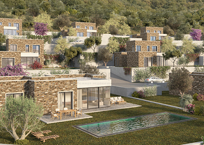 Kammenartige Villen mit Blick auf das Meer und das historische 