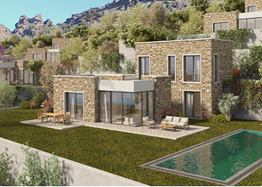 Kammenartige Villen mit Blick auf das Meer und das historische 