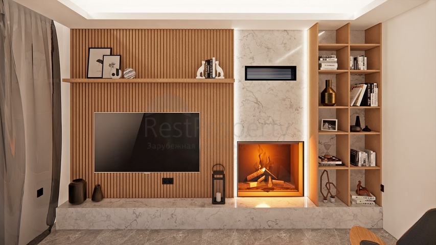 Villen in der malerischen Gegend von Turkbükü, umgeben von dichtem Grün. 