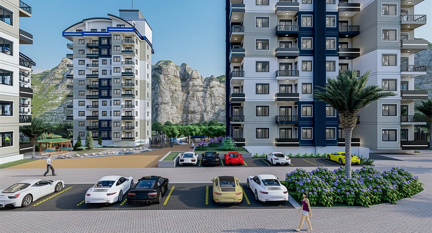 Wohnungen in einem Gebäudekomplex mit Hotelinfrastruktur im Bezirk Avsallar 