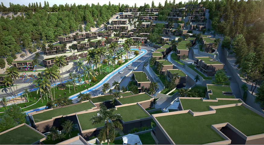 Ein neues Investitionsprojekt, umgeben von Wäldern in der Baugrubenphase in der Region Bogazici