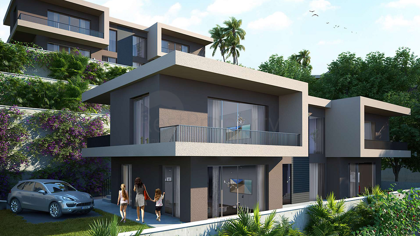 Ein neues Investitionsprojekt, umgeben von Wäldern in der Baugrubenphase in der Region Bogazici