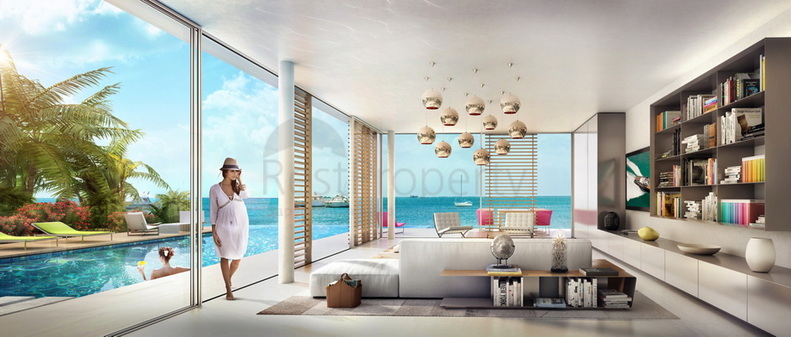 Häuser mit privaten Pools und Stränden auf dem Mir-Archipel in Dubai