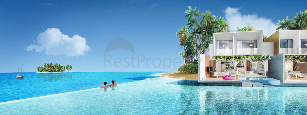 Häuser mit privaten Pools und Stränden auf dem Mir-Archipel in Dubai