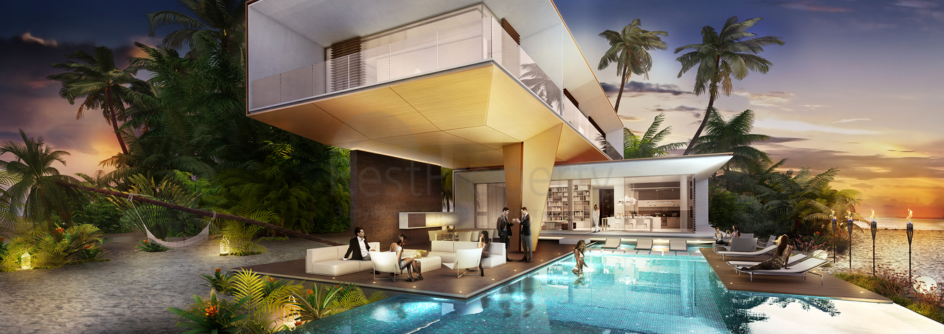 Häuser mit privaten Pools und Stränden auf dem Mir-Archipel in Dubai