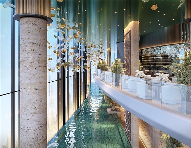 Luxuswohnungen mit Blick auf die Stadt in einem Wolkenkratzer in Dubai