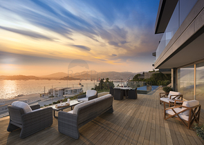 Villen mit Blick auf das Hauptschloss von Bodrum und die Inseln Kos und Karaada