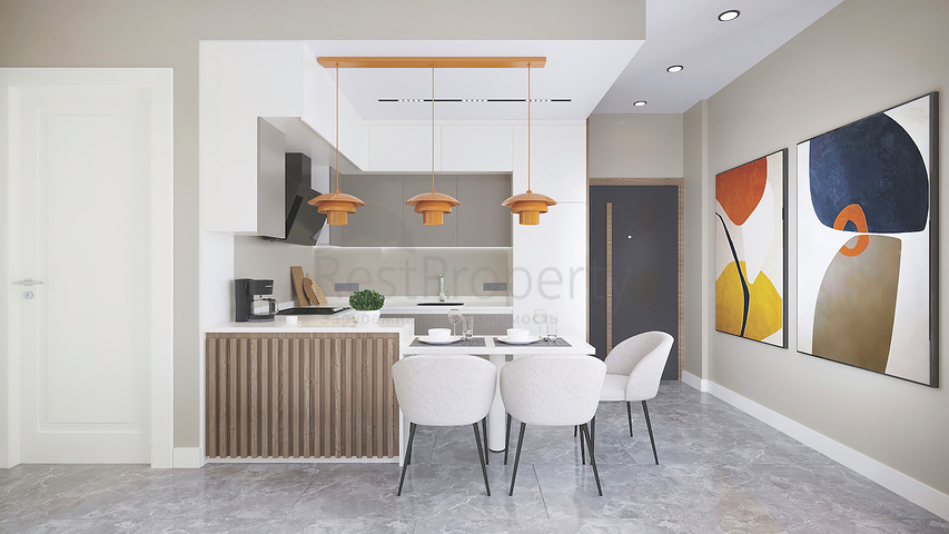 Das 2+1 Apartment im Eco-Komplex ist von Nadelwäldern in der Gegend von Dortepe am östlichen Ende von Bodrum umgeben.