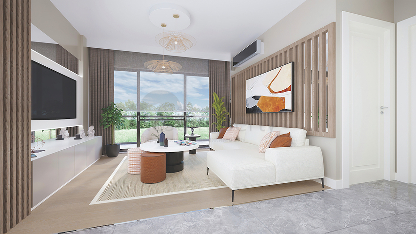 Das 2+1 Apartment im Eco-Komplex ist von Nadelwäldern in der Gegend von Dortepe am östlichen Ende von Bodrum umgeben.