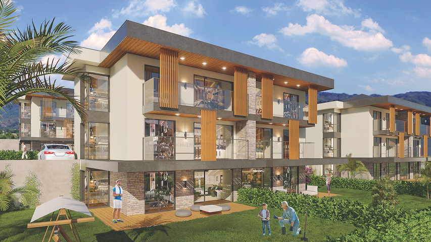 Das 2+1 Apartment im Eco-Komplex ist von Nadelwäldern in der Gegend von Dortepe am östlichen Ende von Bodrum umgeben.