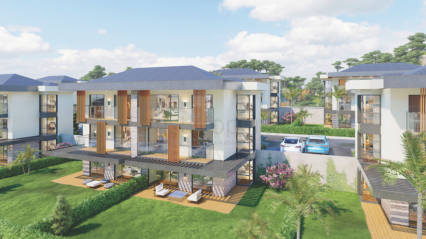 Das 2+1 Apartment im Eco-Komplex ist von Nadelwäldern in der Gegend von Dortepe am östlichen Ende von Bodrum umgeben.