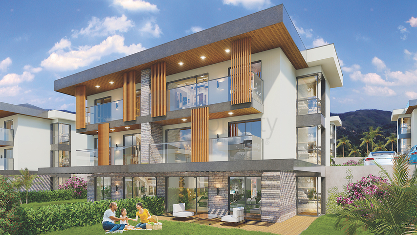 Das 2+1 Apartment im Eco-Komplex ist von Nadelwäldern in der Gegend von Dortepe am östlichen Ende von Bodrum umgeben.